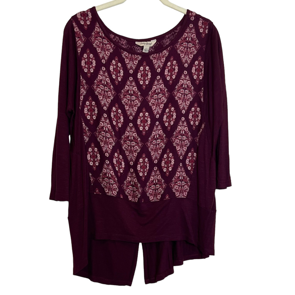 Lucky Brand Womens Knit Tunic Large Burgundy Floral Medallion Print 3/4 Sleeve